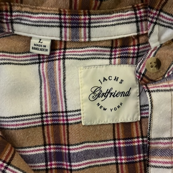Jachs Women Top Cream Plaid Flannel Boyfriend Button Up Collar - Picture 3 of 3